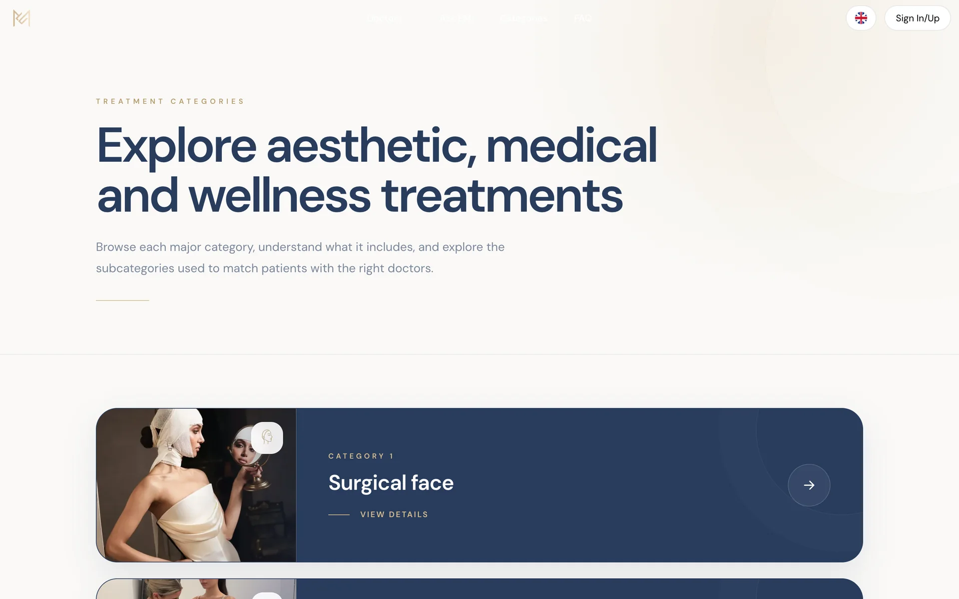 Treatment categories: Ten categories, each opening into what it includes.