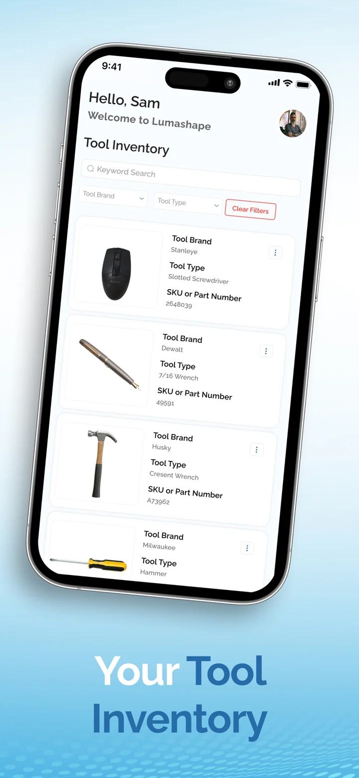 Inventory: Every scanned tool, stored with its brand, type and part number.
