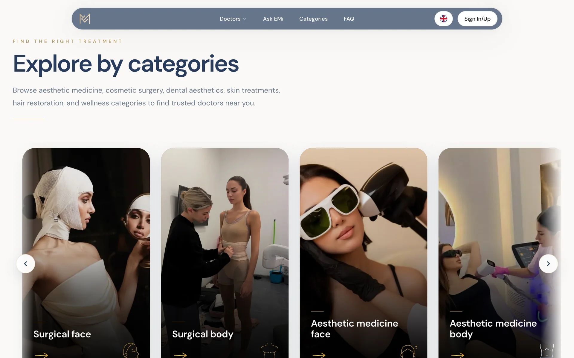 Explore by category: The homepage route into surgical, aesthetic, dental, hair and wellness treatments.