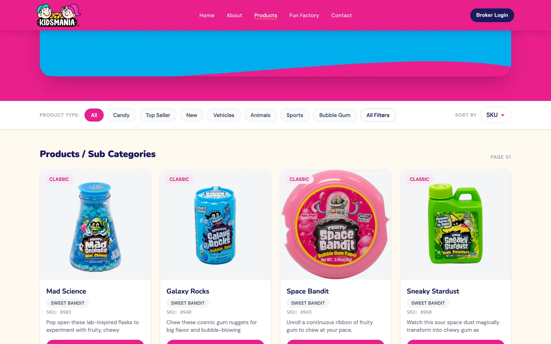 Catalogue: The range, filtered by type and sorted by SKU.