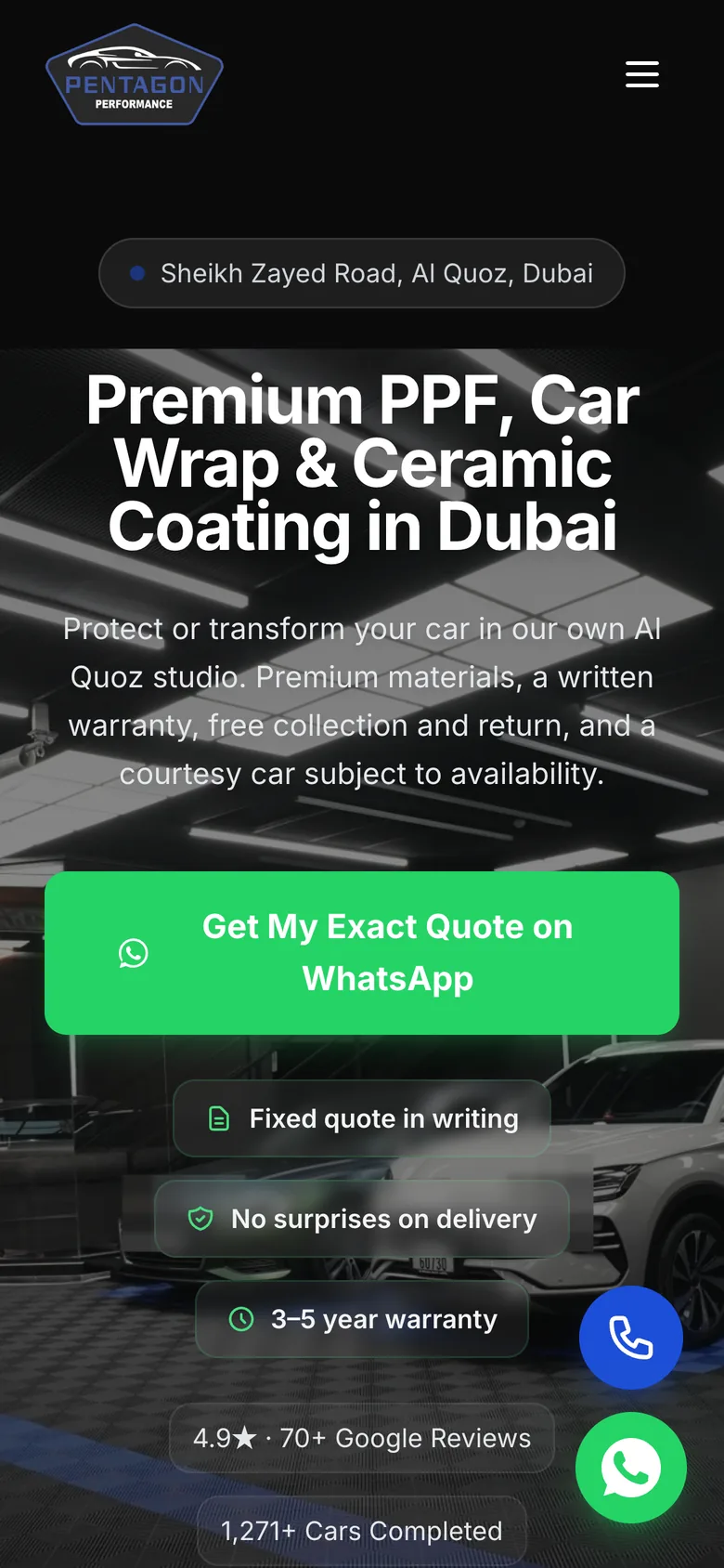 On a phone: The same hierarchy, with call and WhatsApp fixed within reach.
