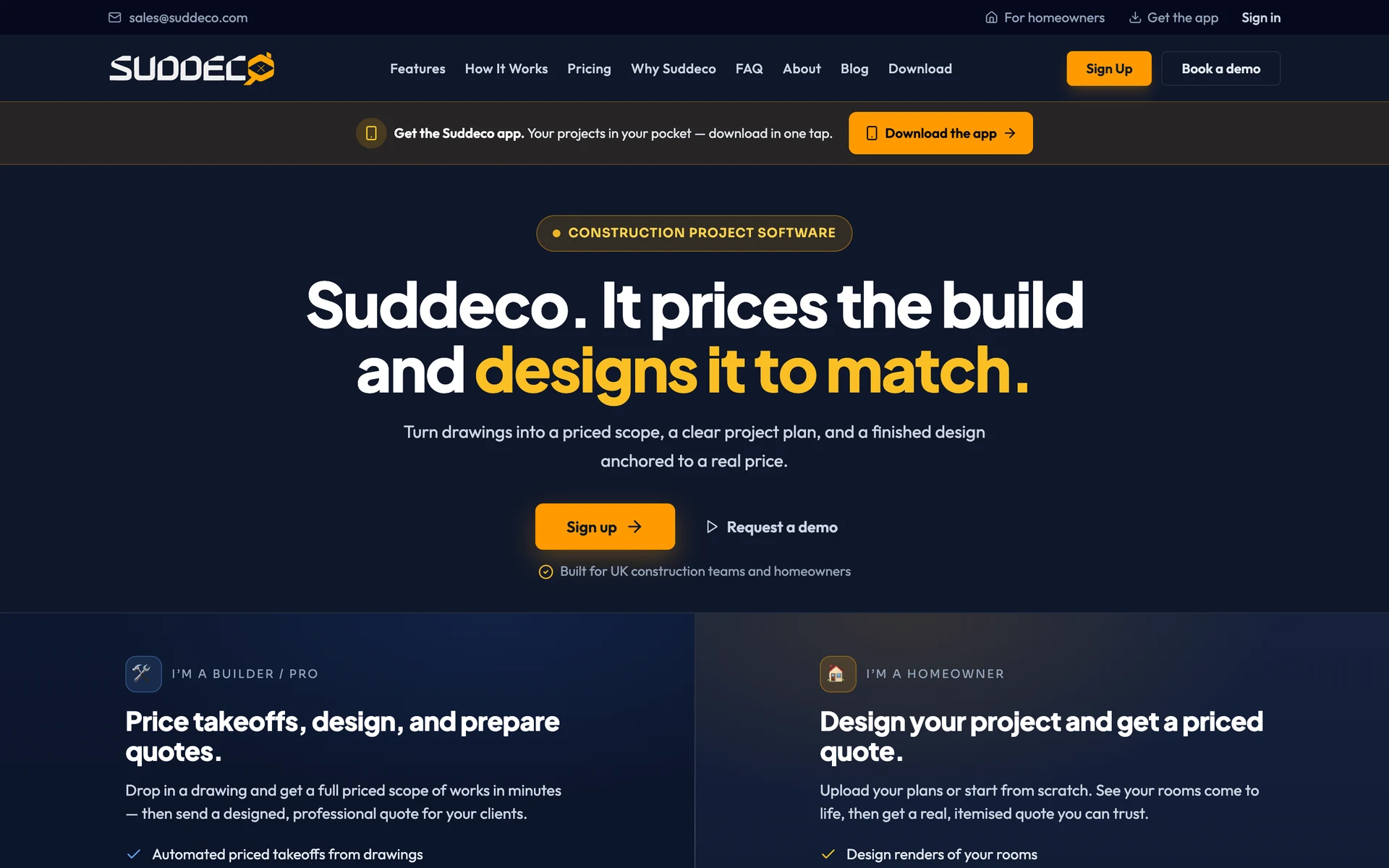 Website: The public site, with separate routes for professionals and homeowners.